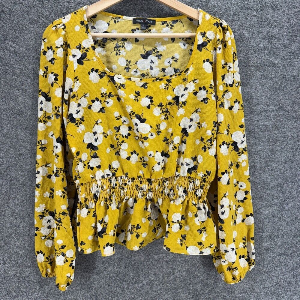 MoaMoa Blouse Women M Medium Yellow Floral Long Sleeve Elastic Waist Square Neck